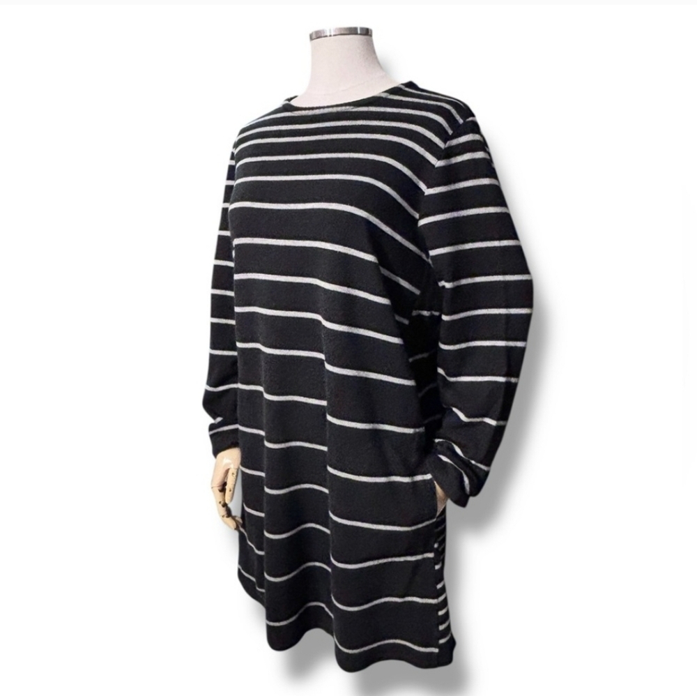 J. JILL Brushed French Terry Crew Neck Dress Black with Grey Stripes